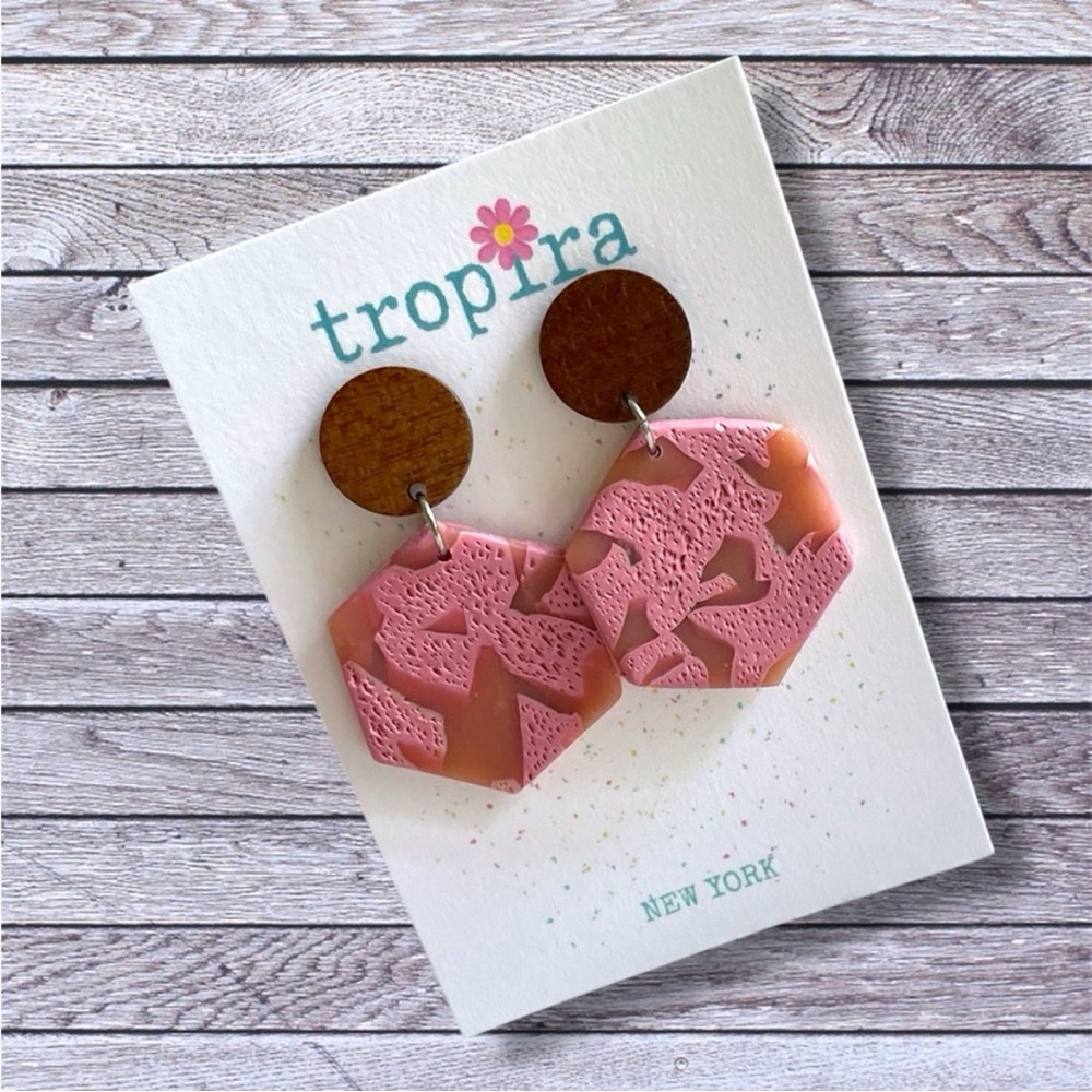 Pink Translucent Textured Wooden Dangling Polymer Clay Earrings